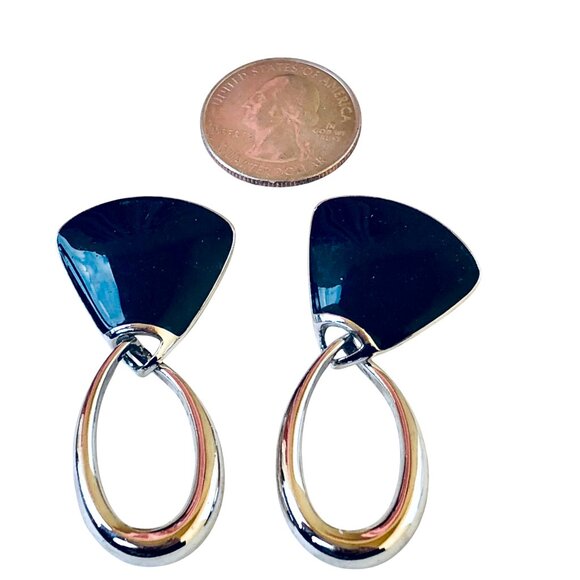 Trifari Vintage Black Enamel Silvertone Dangle Drop Earrings Posts - Picture 5 of 12